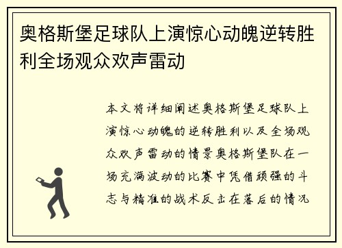奥格斯堡足球队上演惊心动魄逆转胜利全场观众欢声雷动