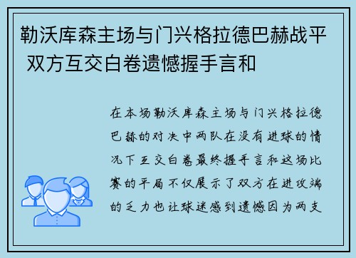 勒沃库森主场与门兴格拉德巴赫战平 双方互交白卷遗憾握手言和